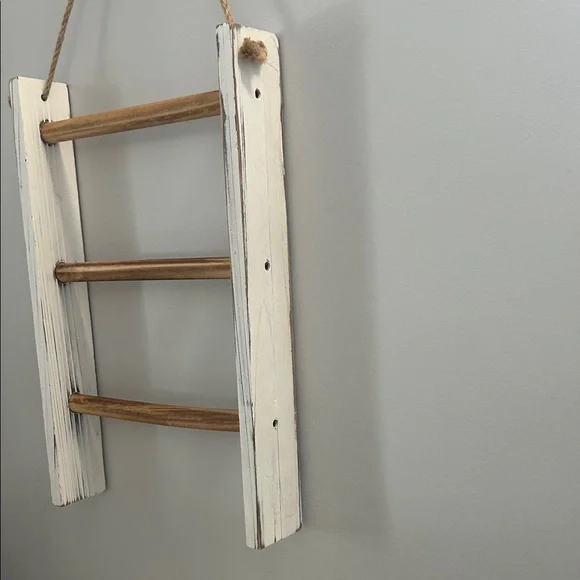 Rustic White and Natural Wood Hanging Ladder Wall Decor - Picture 2 of 4